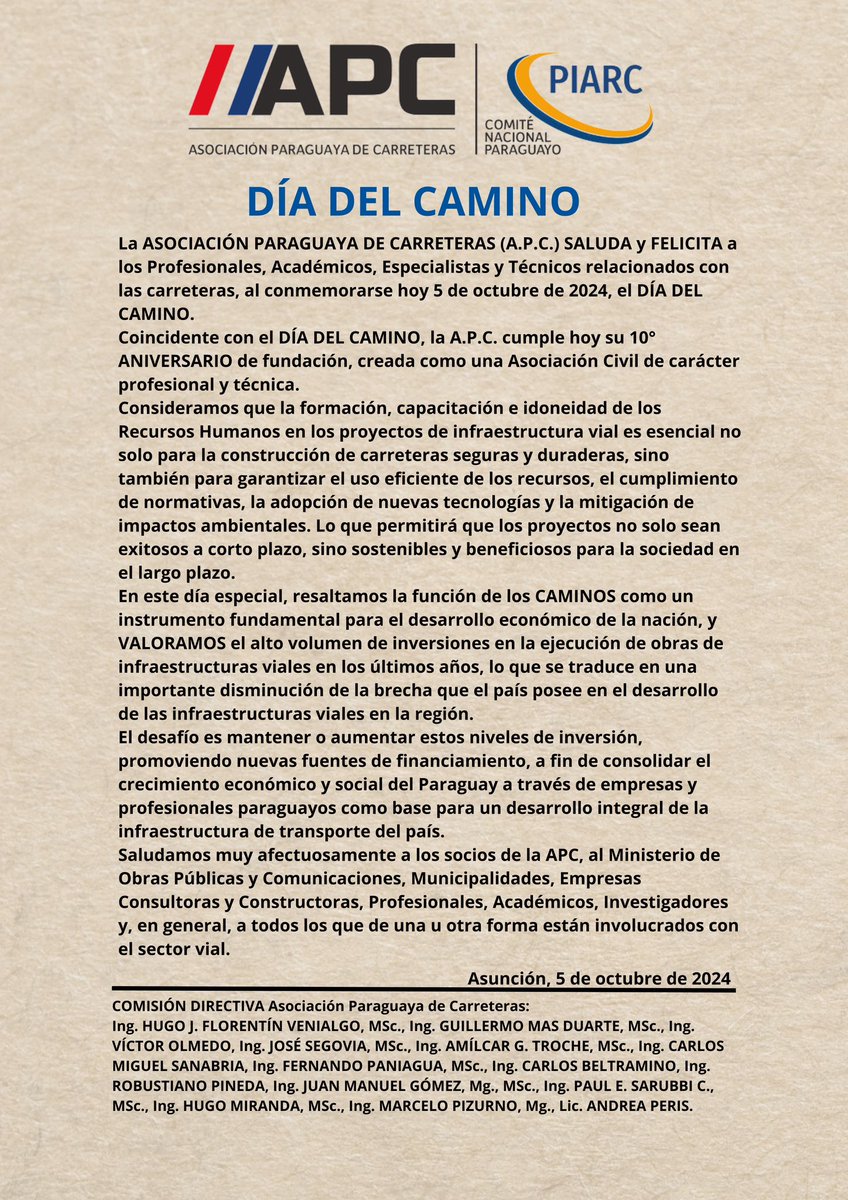 Celebramos el Día del Camino reconociendo la trayectoria y el compromiso de la APC en sus 10 años de historia. Un recorrido lleno de logros y dedicación al desarrollo vial del Paraguay. #DíaDelCamino #APC10Años