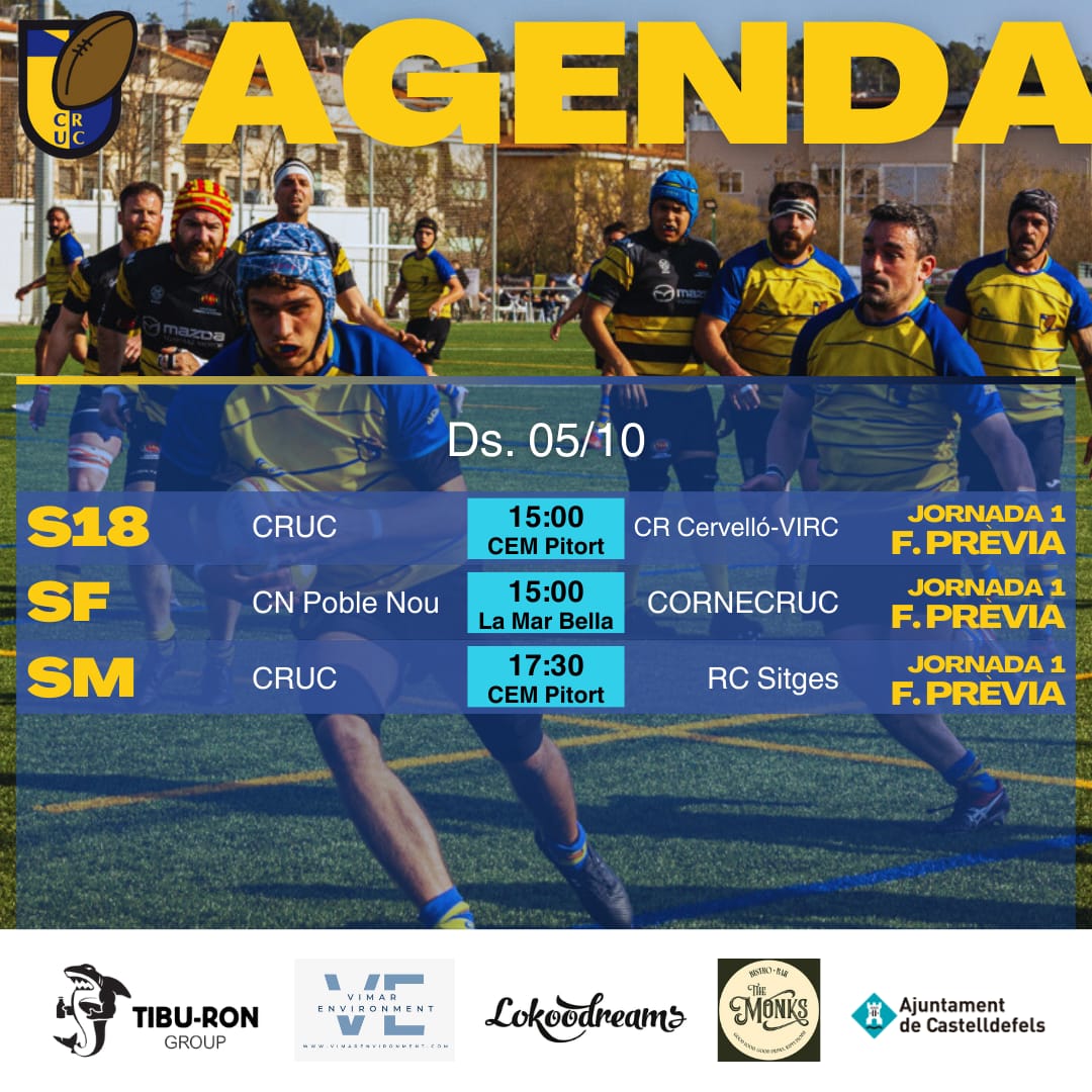 Agenda del CRUC. Primera jornada de la Fase Prèvia en diferents categories.

S18 CRUC 🆚 CR Cervelló VIRC
SF CN Poble Nou 🆚 CORNECRUC 
SM CRUC 🆚 RC Sitges 

#somhicornecruc 🖤💛
#vamoscruc 💙💛