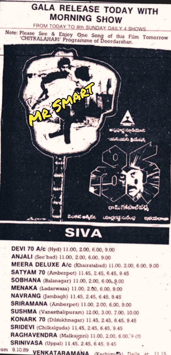 Wellwisher90364's tweet photo. 35 Years for #Siva
#Nagarjuna #Amala
#RGV
#Ilayaraja
155 Days run at Hyderabad #Devi70mm Replaced with #KondaveetiDonga
Dubbed into Tamil as #Udayam
Also Big Hit in Tamilnadu
Had 190 Days run at Chennai #DeviKala (4 shows) & #Agastiya (Continuous Noon shows) https://t.co/hOChR8oAPa