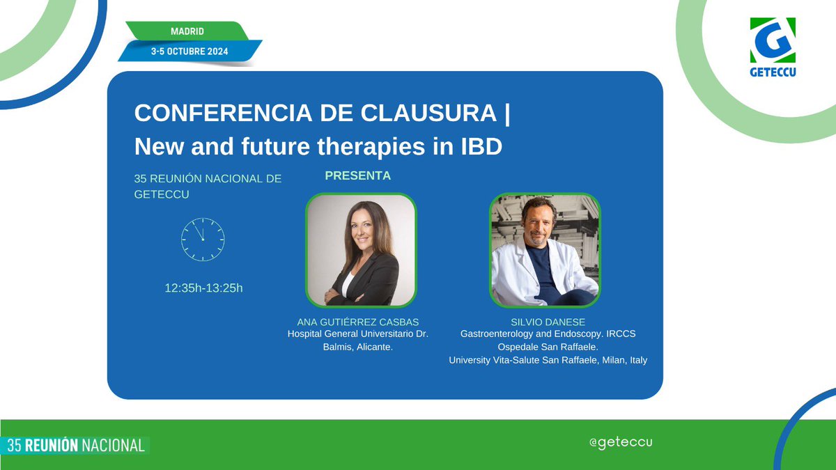 geteccu's tweet photo. #GETECCU24 | Llega la Conferencia de Clausura 'New and future therapies in IBD'.
Presenta: @anaguticasbas
🗣️@silvio_silvio75 https://t.co/LXiov9KD00