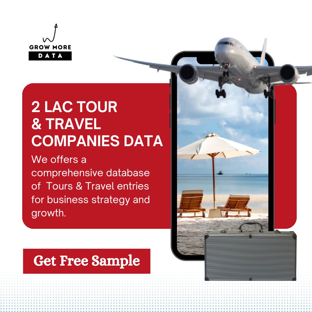 growmoredata's tweet photo. Supercharge Your Travel Business! Largest Database of 2 Lakh+ Tour &amp; Travel Companies
.
Get actionable insights, drive sales, and stay ahead. Get Free Sample Now!

#travelbusinessowner #TourismMarketing #dataanalytics #BusinessExpansion #getfreesamples #growmoredata https://t.co/YawCA4NGEC