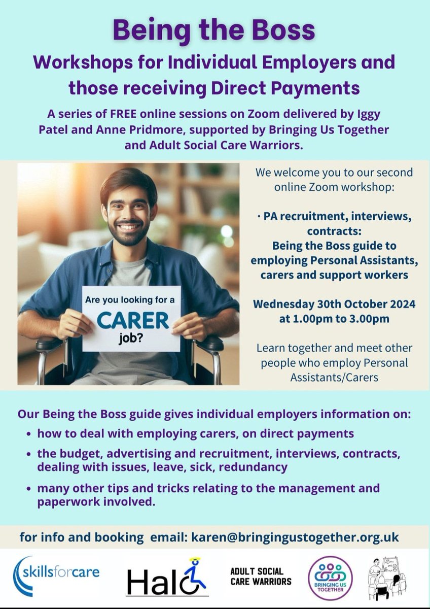 Iggy Patel (@haloabletec) on Twitter photo Our next Being the Boss training session covers the recruitment and management process for individual employers
<a href="/Giselle_ASCWs/">Giselle - Adult Social Care Warriors</a> <a href="/beingthebossNo1/">anne Pridmore</a> <a href="/bustogether/">Bringing Us Together</a>
<a href="/ILG_Community/">ILG Community</a>
<a href="/AccessCharity1/">Access Social Care</a>
<a href="/InclusionBarnet/">Inclusion Barnet</a>
<a href="/GMCDP/">Greater Manchester Coalition of Disabled People</a> <a href="/InclusionLondon/">Inclusion London</a>
<a href="/BuDs_UK/">Buckinghamshire Disability Service BuDS</a> <a href="/BrilLiving/">BRIL</a> <a href="/Dis_PPL_Protest/">DPAC</a> Our next Being the Boss training session covers the recruitment and management process for individual employers
<a href="/Giselle_ASCWs/">Giselle - Adult Social Care Warriors</a> <a href="/beingthebossNo1/">anne Pridmore</a> <a href="/bustogether/">Bringing Us Together</a>
<a href="/ILG_Community/">ILG Community</a>
<a href="/AccessCharity1/">Access Social Care</a>
<a href="/InclusionBarnet/">Inclusion Barnet</a>
<a href="/GMCDP/">Greater Manchester Coalition of Disabled People</a> <a href="/InclusionLondon/">Inclusion London</a>
<a href="/BuDs_UK/">Buckinghamshire Disability Service BuDS</a> <a href="/BrilLiving/">BRIL</a> <a href="/Dis_PPL_Protest/">DPAC</a>