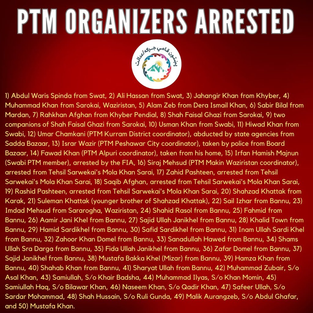 List of the people arrested yesterday and a day before yesterday. 
#PashtunNationalCourt110ctober