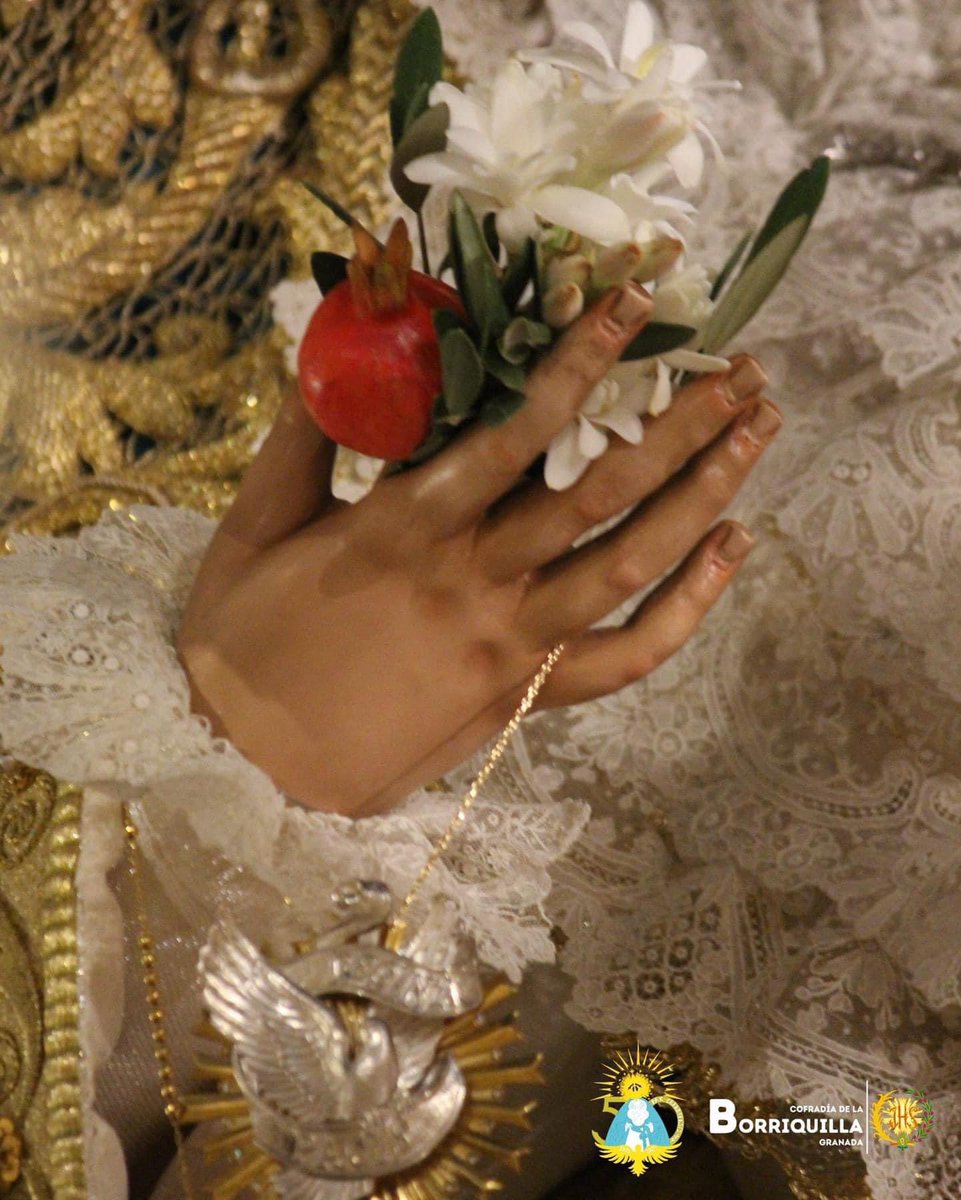 El olivo, símbolo inequívoco de la tan ansiada paz, de la Borriquilla y de los campos de Andalucía. 
El nardo de la Vega de Granada; el mismo que portó la Patrona el pasado domingo. 
Y cómo no, la granada, ¡ay Granada! 

El granadinismo siempre como referente.