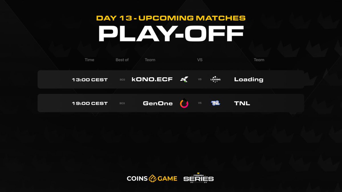 Day 13 of the #ProdigySeries 3 👑 is underway! Here’s what’s on for today:

🕙 13:00 CEST
<a href="/konoecf/">kONO.ECF</a> vs Loading 
(Bo3)

🕖 19:00 CEST
<a href="/GenOneEsports/">GenOne</a> vs <a href="/tnl_cs2/">TNL 🇺🇦</a> 
(Bo3)

🇺🇦:twitch.tv/project_prodig…
🇬🇧:twitch.tv/project_prodig…