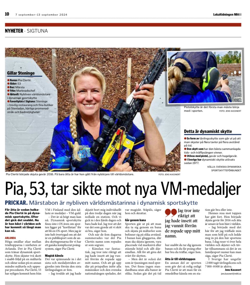 PiaClerte's tweet photo. Såg nu att mitt VM-guld även omtalades i pappersversionen av Mitt i Sigtuna när det begav sig. 🥰
#ipsc #dynamisktskytte #AR15 #pewpew #VMguld https://t.co/LSN2YUOZ0e