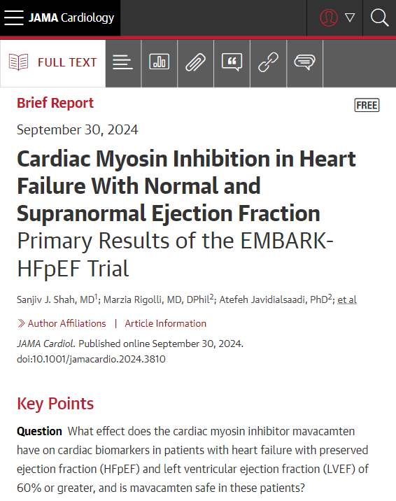 JAMA Cardiology (@jamacardio) on Twitter photo Most viewed in the last 7 days from <a href="/JAMACardio/">JAMA Cardiology</a>:
Study examines the effects of cardiac myosin inhibition with mavacamten in patients with HFpEF with left ventricular ejection fraction of 60% or greater.
ja.ma/4gRPxSL Most viewed in the last 7 days from <a href="/JAMACardio/">JAMA Cardiology</a>:
Study examines the effects of cardiac myosin inhibition with mavacamten in patients with HFpEF with left ventricular ejection fraction of 60% or greater.
ja.ma/4gRPxSL