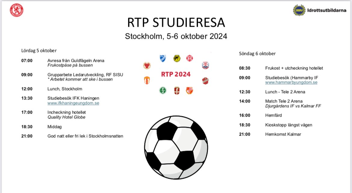 pashofestim's tweet photo. I HELGEN!
Studieresa med ledare från RTP:s 10 fotbollsföreningar .
Spännande helg ⚽️
#RTP2024 #KalmarFF #FärjestadensGoIF #HossmoBK #KalmarSödraIF #LjungbyholmsGoIF #LindsdalsIF #IFKBerga #SmedbyBoIK #NybroIF #PukebergsBK #SmålandsFF https://t.co/oOOdqVY5kz