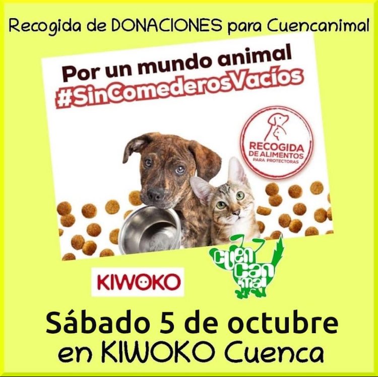 📌Hoy sábado 5 de octubre ya estamos en KIWOKO (CC El Mirador, Cuenca). Estáis invitados a colaborar pedimos ayuda porque ya sabéis lo mal que vamos siempre económicamente, y esto nos viene genial para los perretes y perretas.
 
¡OS ESPERAMOS! 💚🐾
