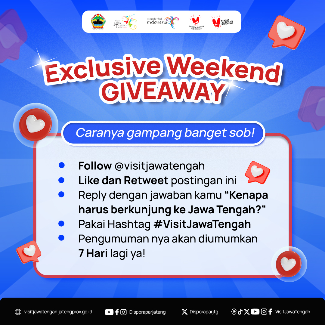 #SobatWisata, yuk ikutan giveaway! Follow <a href="/visitjawatengah/">Visit Jawa Tengah</a>, RT &amp; jawab kenapa harus ke Jawa Tengah dengan hashtag #VisitJawaTengah. Pemenang diumumkan 7 hari lagi!