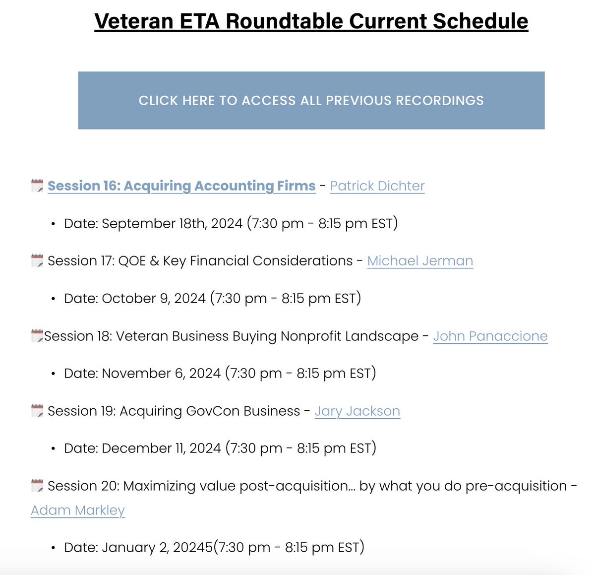 Charlie McCarthy ๐บ๐ธ (@veteraneta) on Twitter photo Veteran ETA Updates!
(1) We locked in our first intern! If you're a veteran interested in having a college student help support your search with part-time work, please reach out!
(2) Had a great session 16 with <a href="/patrickdichter/">Patrick Dichter</a> discussing his acquisitions and post-close Veteran ETA Updates!
(1) We locked in our first intern! If you're a veteran interested in having a college student help support your search with part-time work, please reach out!
(2) Had a great session 16 with <a href="/patrickdichter/">Patrick Dichter</a> discussing his acquisitions and post-close