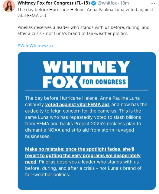 AmericanMuck's tweet photo. FLORIDA VOTERS - Please read and share this far and wide.  Anna Paulina Luna (or whatever her name is) is spending her time in North Carolina, not Florida where people need help.  WHY? Please VOTE FOR WHITNEY FOX. https://t.co/lQCysy6agT
