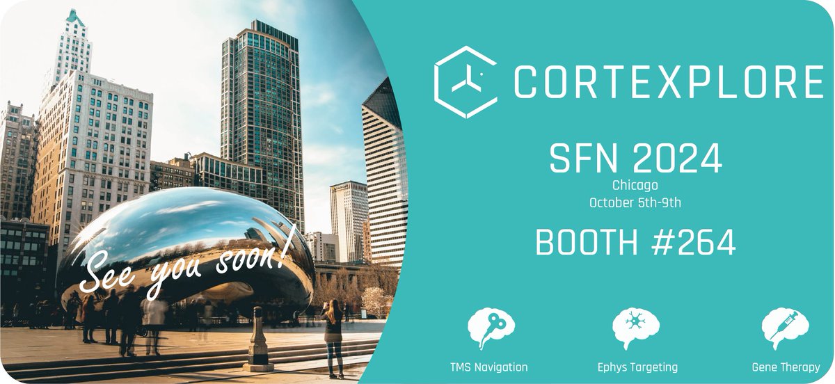 cortexplore's tweet image. #SfN2024  returns to Chicago!
Join us at booth #264 to experience brain-navigation for electrophysiology, gene therapy, TMS and many more applications, live.