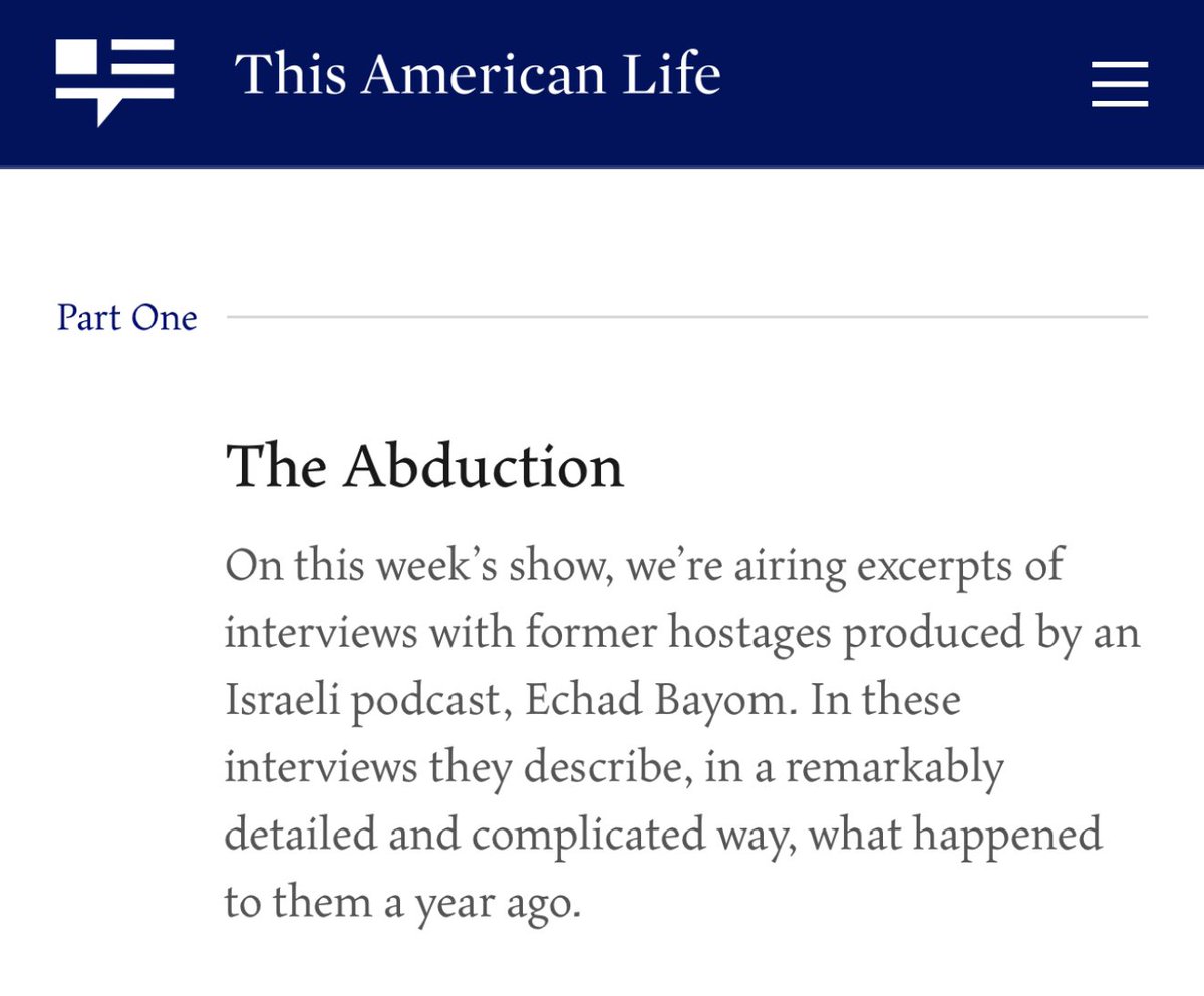 הפודקאסט <a href="/ThisAmerLife/">This American Life</a> - מהמוכרים והמואזנים בעולם - מקדיש את פרק 7.10 שלו לסדרת ״בשבי של אחד ביום״. 
מיליוני מאזינים ישמעו את עדויות החטופים ממקור ראשון באופן שלא שמעו קודם. 
כבוד גדול לצוות שירה אראל, דניאל שחר, עדי חצרוני, דני נודלמן, יאיר בשן, <a href="/RomAtik3/">Rom Atik</a> ו<a href="/naimleee/">לי נעים Lee Naim</a> שראיינה