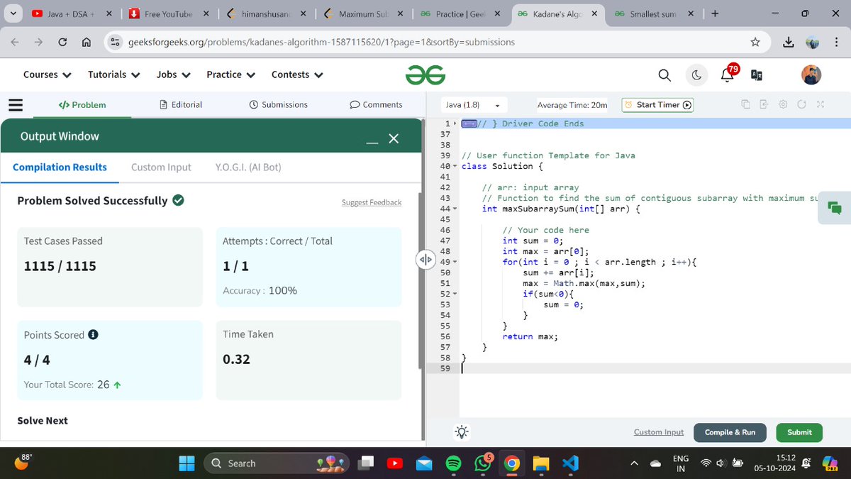 himanshuu_99's tweet image. GFG problem of a day (05-10-2024) : Kadane's Algorithm.🚀
Today I solved two medium level Questions on GFG.
#gfg #javawithdsa #kadanesalgorithm #ProblemSolving