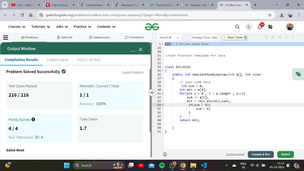 himanshuu_99's tweet image. GFG problem of a day (05-10-2024) : Kadane's Algorithm.🚀
Today I solved two medium level Questions on GFG.
#gfg #javawithdsa #kadanesalgorithm #ProblemSolving