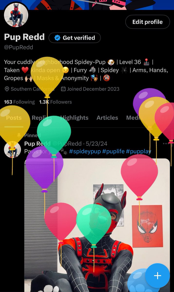 PupRedd's tweet image. Spidey-Pup got some balloons! Awoo! πΆβ₯οΈ