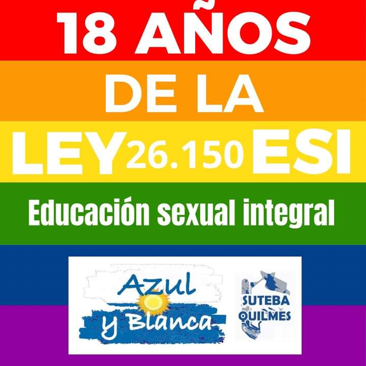 QSuteba's tweet photo. 💙 18 años de la Sanción de la ley 26.150 de Educación sexual integral 💙
🟦AZUL Y BLANCA DE SUTEBA QUILMES 🟦 https://t.co/f8pI8f86pq