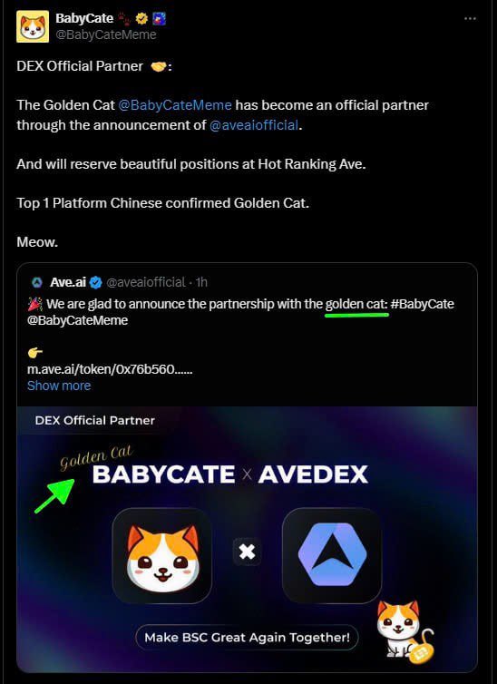 📢🚨 ATTENTION All 🚨🙋
Big Imprint #BabyCate :

For the first time, <a href="/aveaiofficial/">Ave.ai</a> has announced a partnership and recognized #BabyCate  🐱@BabyCateMeme as the Golden Cat of China in 2024.

Follow #BabyDoge's journey in China in 2021 and in 2024, it will be the Golden Cat!