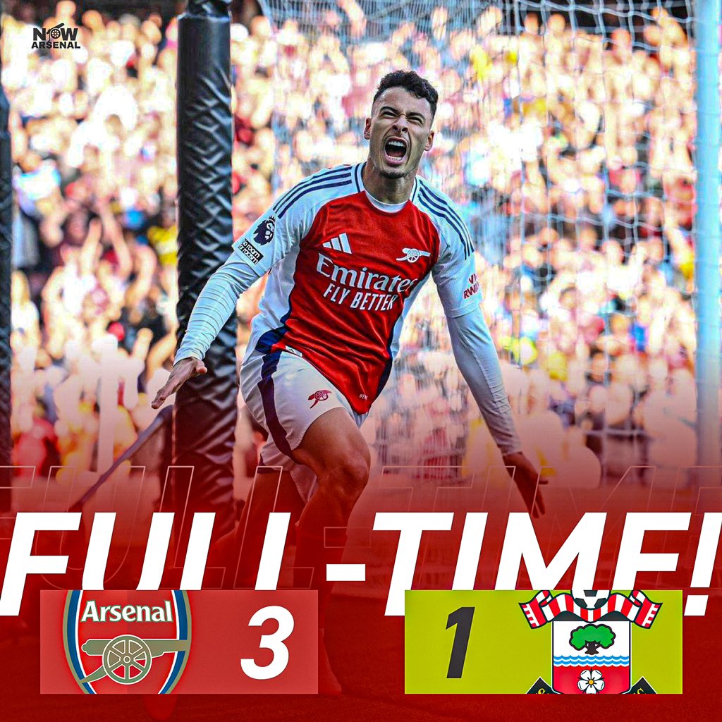 now_arsenaI's tweet photo. FT: Arsenal 3-1 Southampton

Bukayo Saka with one goal and two assists secures Arsenal a vital three points at the Emirates Stadium this afternoon.

Kai Havertz also stepped up massively when needed.

Three goals. Three points. Level on points with City going into the international break. We’ll take it.

Thoughts on the victory?