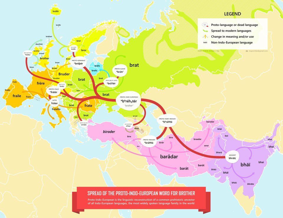 Etymological map shows the spread of the Proto-Indo-European word for 'brother' across Eurasia. Source: buff.ly/3eApG13