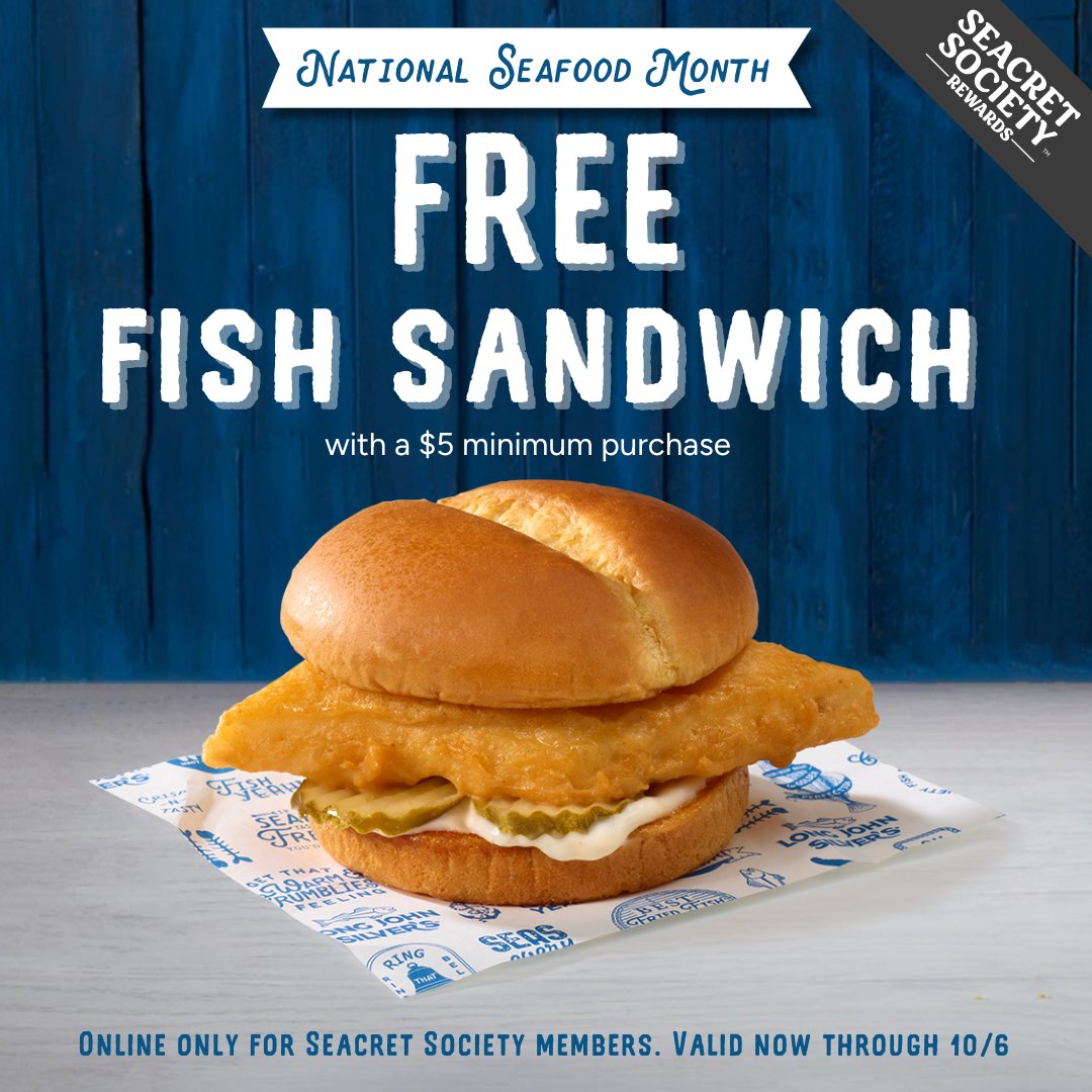longjohnsilvers's tweet image. ☠️ Calling all Seacret Society™ Members ☠️ Now through 10/6, reel in a FREE Fish Sandwich with any $5 minimum purchase at participating locations —online only! 🐟🎣 Don’t let this catch slip away! 🌊 #SeacretSociety #FreeFish #NationalSeafoodMonth #OnlineExclusive