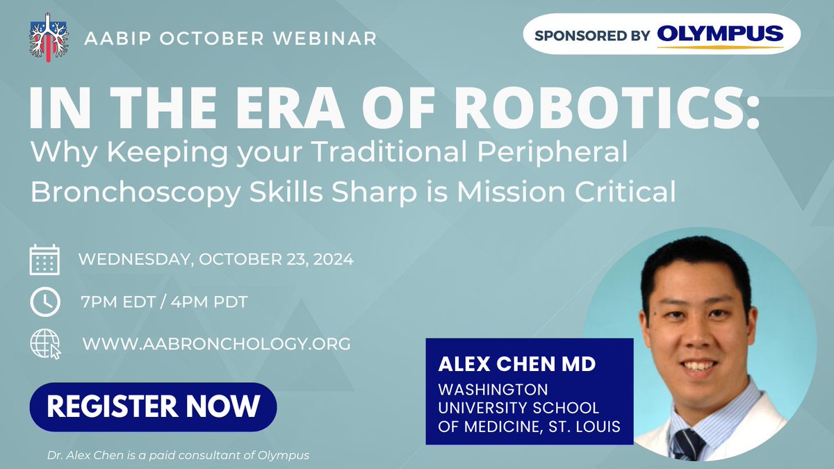 AAB_IP's tweet photo. ❓ Are Your Bronchoscopy Skills Ready for the Robotic Era?
You won't want to miss our next AABIP Webinar!

🤖 Topic: "Why Keeping Traditional Bronchoscopy Skills Sharp is Mission Critical"
🧑🏻‍⚕️ Featuring Dr. Alex Chen
📲 Register: https://t.co/cF9kuSVkVb

 Sponsored by Olympus! https://t.co/2QW7h5vzrN