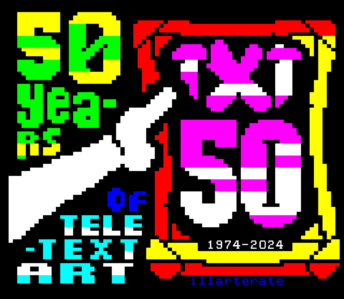 Our #Teletext50 exhibition begins on Yle Text on Monday 7th October, and I'm very much looking forward to it. :)

We've got lots of surprises, with art from #teletext faces old and new. More information to follow on Monday. 

#pixelart #1bit #textmode #videotext #ceefax