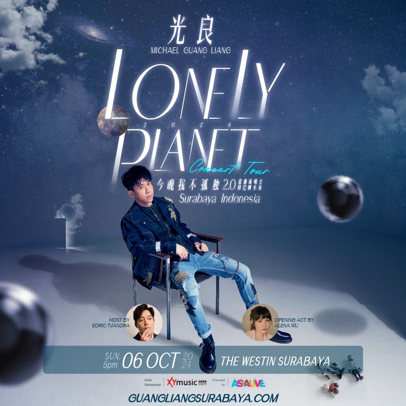 Michael Guang Liang - Lonely Planet Concert Tour 2.0.
🗓️ Minggu, 6 Oktober 2024
📍 The Westin Surabaya
⏰ 17.00 WIB

Opening Act : Alena Wu

More info :
guangliangsurabaya.com

Event by :
Color Asia Live &amp; Tomita Entertainment

#MichaelGuangLiang2024 #TheLonelyPlanetTourSBY