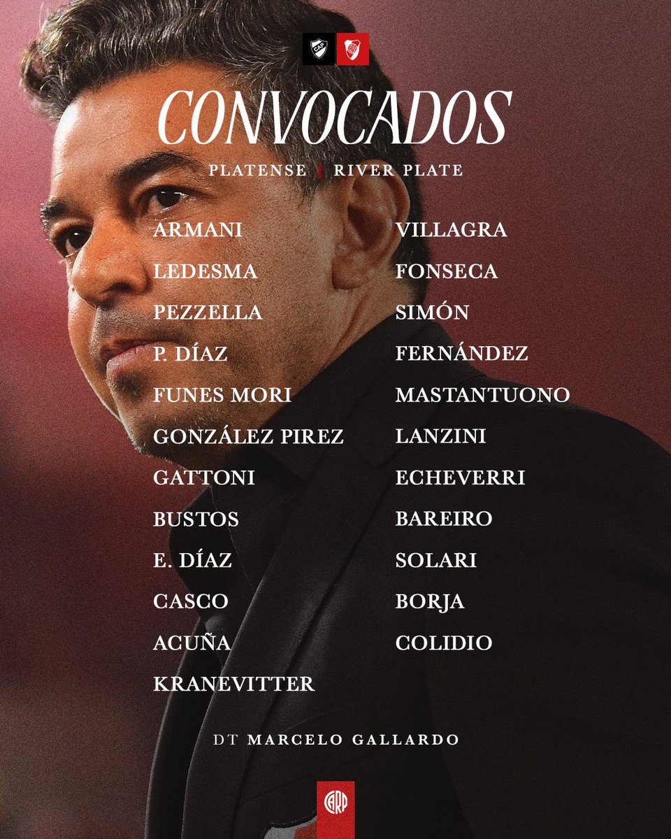 📝 Los convocados por Marcelo Gallardo para visitar a Platense por la fecha 17 del Torneo LPF. 💪⚽️

#VamosRiver ⚪️🔴⚪️