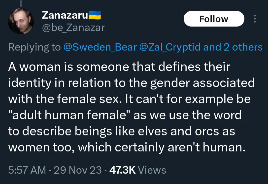 SimpForSowell's tweet image. I've been on a search for the worst definition of woman. 
The amount of regressive stereotypes, circular reasoning, dehumanizing terms, and straight up gobbledygook is unparalleled.
Let's start off with my absolute favorite, I genuinely don't know what could top it: