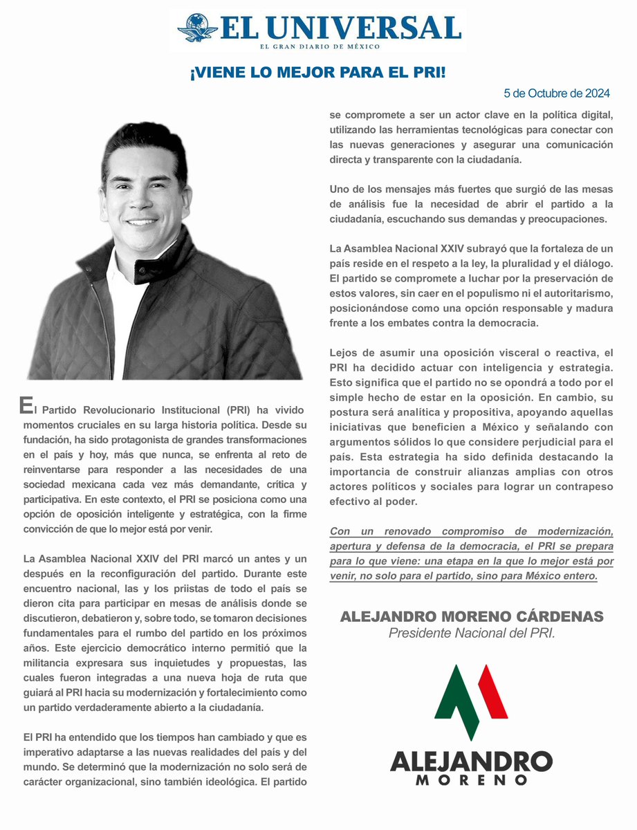 alitomorenoc's tweet photo. Con un renovado compromiso de modernización, apertura y defensa de la democracia, el PRI se prepara para lo que viene: una etapa en la que lo mejor está por venir, no solo para el partido, sino para México entero.

Les comparto mi opinión en @El_Universal_Mx.

https://t.co/O8QV8BUOAW