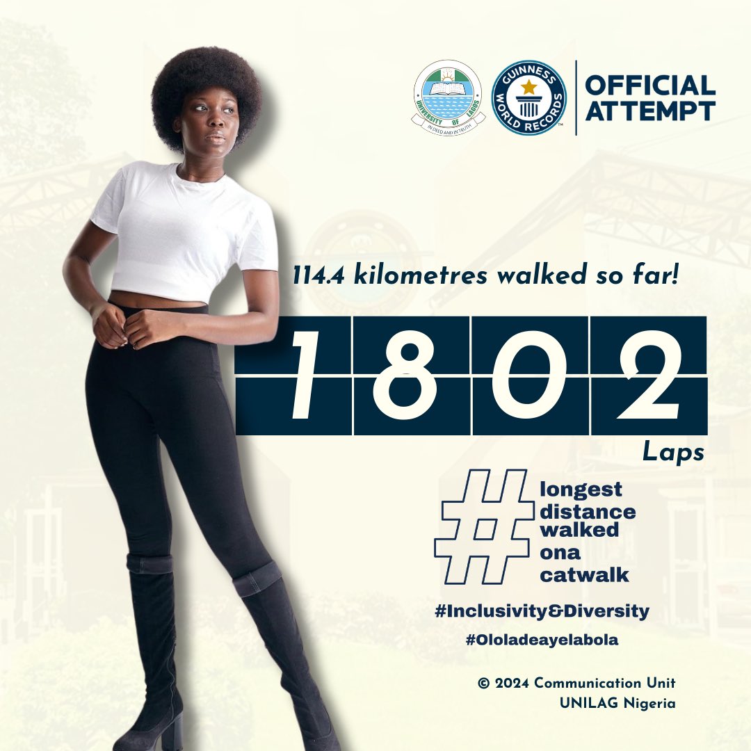UnilagNigeria's tweet photo. We are super excited to announce that our dear @thelade_wonder is presently matching the current @GWR for the Longest Distance Walked on a Catwalk by a Model 🥳🥳

Please head over to the Indoor Sports Hall at UNILAG Sports Centre right now to cheer her on… https://t.co/WhXVROTgZh