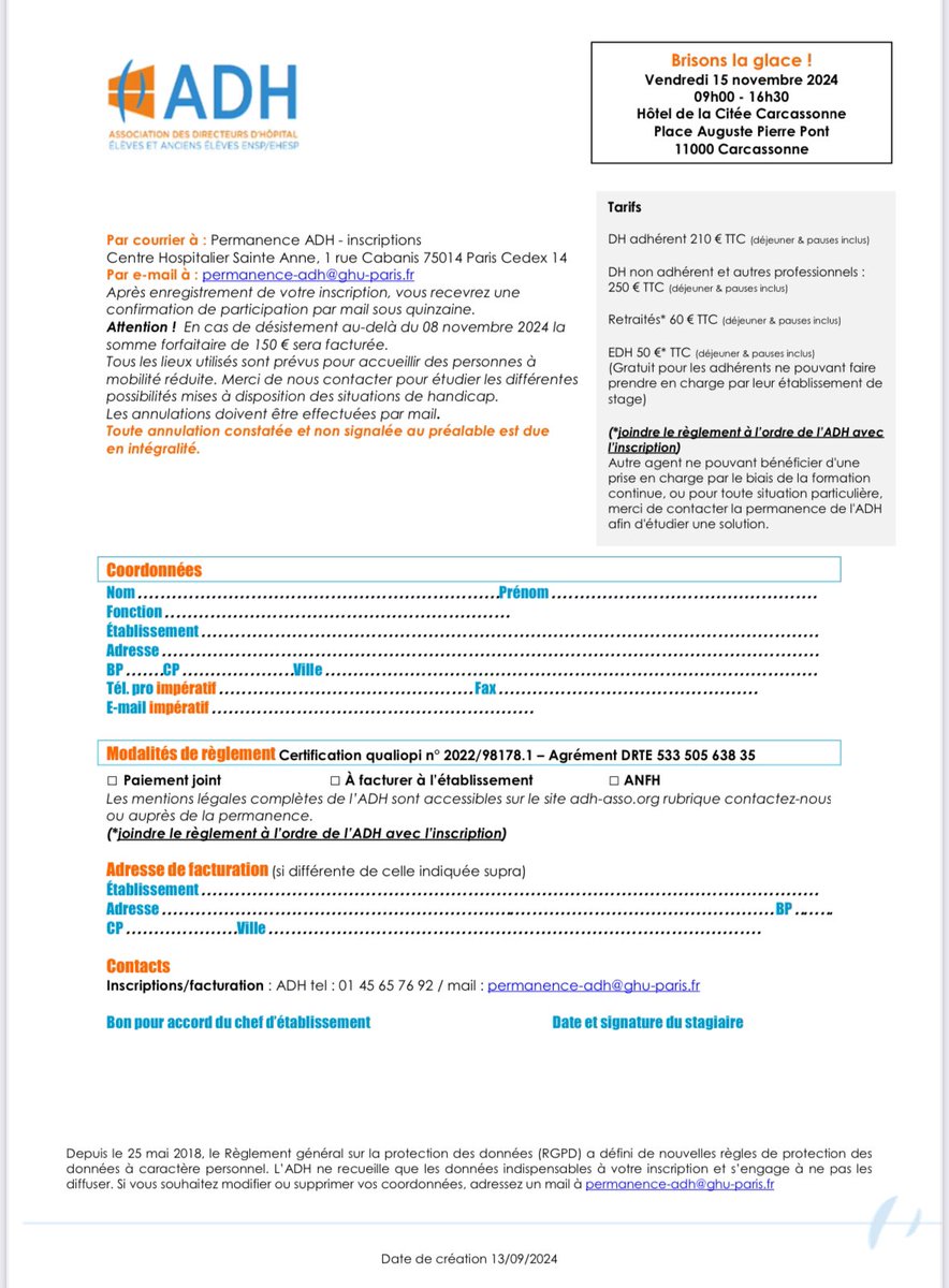 BRISONS LA GLACE ! 
Le 15/11/ 2024 à l’Espace Convention Saint Nazaire de l'hôtel de la cité Carcassonne. 
Journée ouverte à tous les professionnels de santé : DH adhérents ou non, D3S, DS, ingénieurs, cadres, médecins.
Inscrivez-Vous avant qu'il ne soit trop tard !😉Au 15/11/24