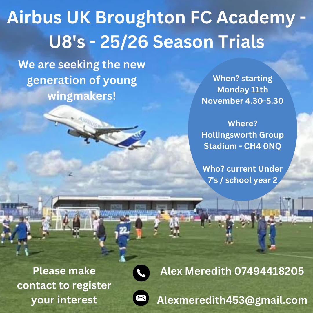 airbusacademy's tweet photo. 🔊📢🔊📢🔊📢🔊📢🔊📢🔊📢

AIRBUS UK BROUGHTON FC ACADEMY U8S TRIALS - SEASON 2025/26

Are you a current Under 7/School Year 2 and are interested in joining our well established Academy ⚽✈️

Please get in contact with Alex on the details below 👇 

#youngwingmakers https://t.co/8U0aECSkNe