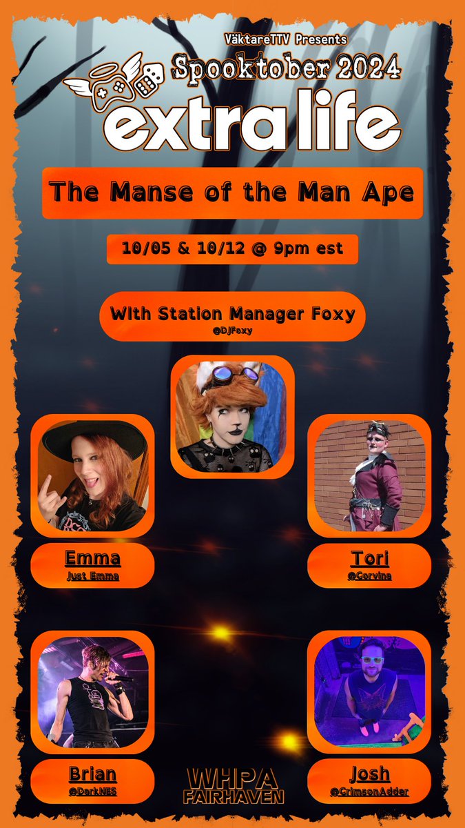 The Väktare (@vaktarettv) on Twitter photo Join us tonight for part 1 of a 2 pt special with DJ Foxy as they run Weird Heroes of Public Access with this amazing cast. Help us raise money for <a href="/extralife4kids/">Extra Life</a> during our Spooktober event.
#ttrpg #Spooktober #Spooktober2024 #extralife4kids #weirdheroesofpublicaccess #whpa Join us tonight for part 1 of a 2 pt special with DJ Foxy as they run Weird Heroes of Public Access with this amazing cast. Help us raise money for <a href="/extralife4kids/">Extra Life</a> during our Spooktober event.
#ttrpg #Spooktober #Spooktober2024 #extralife4kids #weirdheroesofpublicaccess #whpa