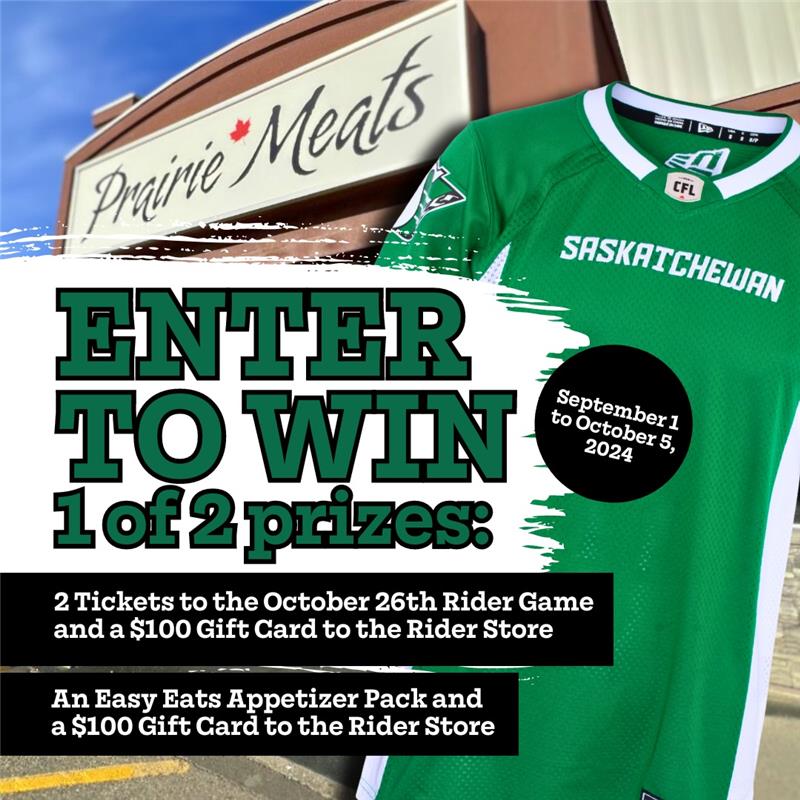 PrairieMeats's tweet photo. It’s Game Day! 🏈 

Show your Rider pride and come on down to your local Prairie Meats in your gear to get your favourite game day appetizers and you’ll be entered to win 1 of 2 fantastic prizes including 2 TICKETS TO THE OCT 26 RIDER GAME! 🥳 

See you soon, Rider fans. https://t.co/2LUJJWAglS