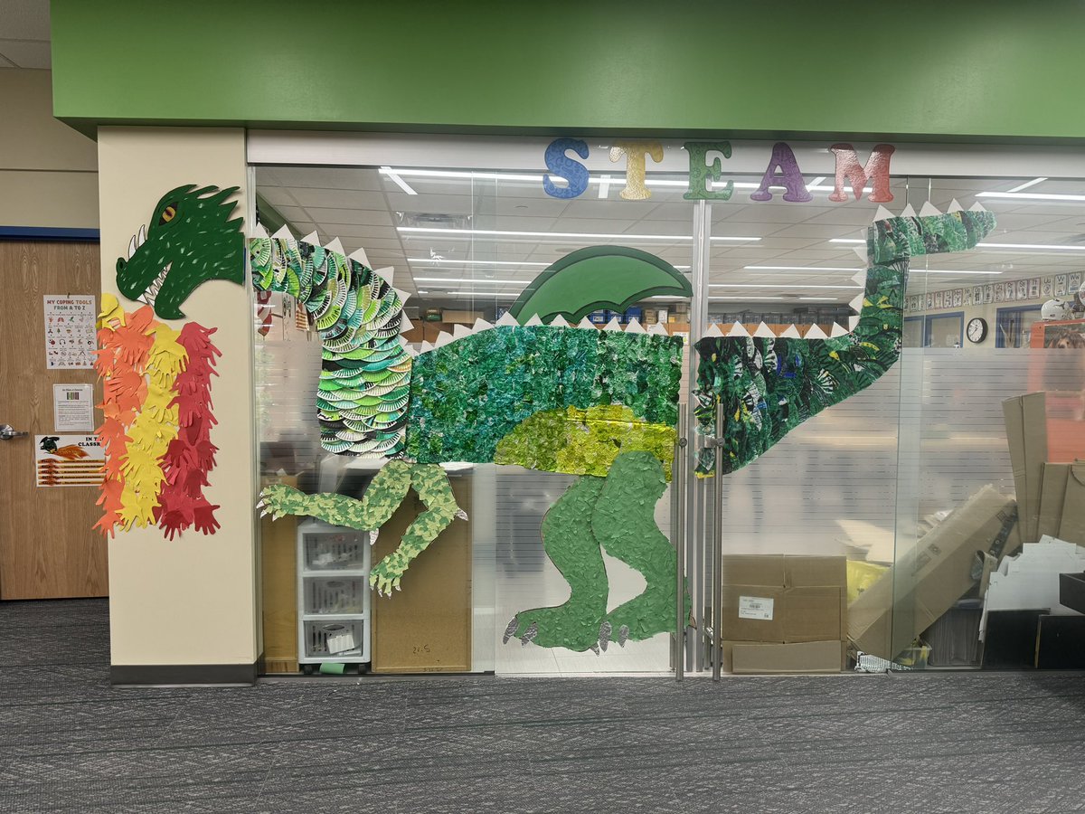 Lake Ripley students create a dragon during STEAM. 
KDG-ripped paper for legs and triangles for spikes
1st - paper plates and paint 
2nd- paper hands for fire
3rd- coffee filters, marker and water for the tail
4th- tin foil, glue, soap and food coloring for the body
#golitch