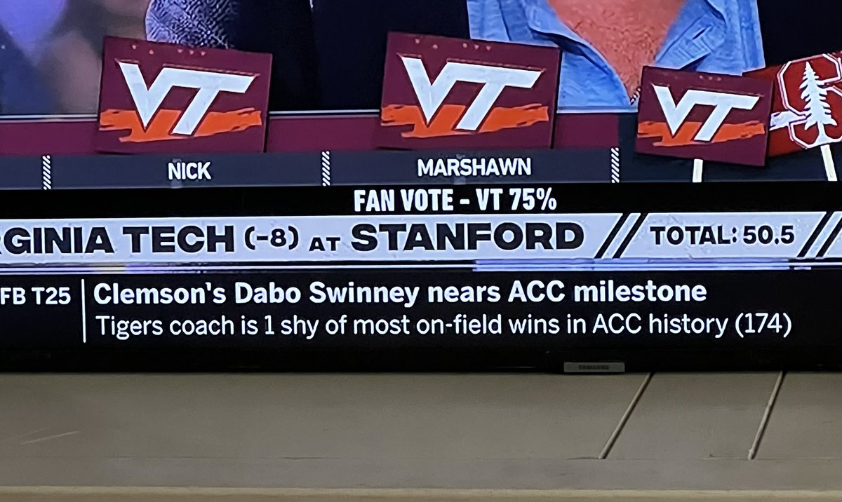 Lynne_Nole's tweet photo. Caught the end of my most fave show and the scroll at the bottom showing other games - well, our game has gotten MORE HUGE than our pride. #Clempson wins and Dabo passes the 🐐for most on field wins. 😖😖Go get it @FSUFootball @TheBobbyBowden https://t.co/nK0bThNn0m