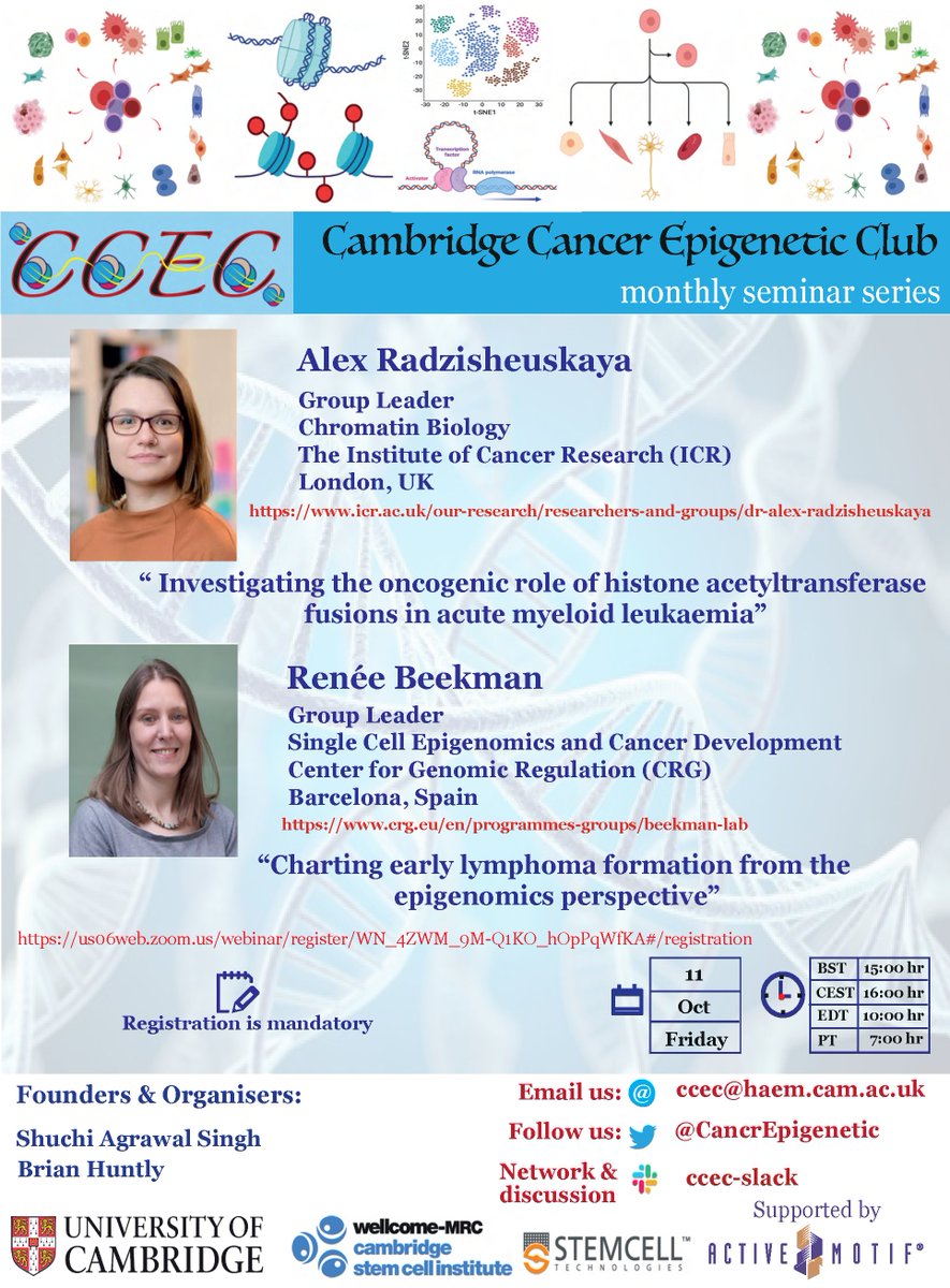 CambridgeCancerEpigeneticClub (@cancrepigenetic) on Twitter photo Its a pleasure to announce our next Seminar on CCEC Friday 11th Oct, 3PM UK time, duo by Alex Radzisheuskaya <a href="/AliaksandraR/">Alex Radzisheuskaya</a> from ICR <a href="/ICR_London/">The ICR</a> and Renee Beekman <a href="/renee_beekman/">Renee Beekman</a> @Beekmanlab from <a href="/CRGenomica/">Centre for Genomic Regulation (CRG)</a>. DO NOT MISS, it's free to attend. TheLink2Join👇us06web.zoom.us/webinar/regist… Its a pleasure to announce our next Seminar on CCEC Friday 11th Oct, 3PM UK time, duo by Alex Radzisheuskaya <a href="/AliaksandraR/">Alex Radzisheuskaya</a> from ICR <a href="/ICR_London/">The ICR</a> and Renee Beekman <a href="/renee_beekman/">Renee Beekman</a> @Beekmanlab from <a href="/CRGenomica/">Centre for Genomic Regulation (CRG)</a>. DO NOT MISS, it's free to attend. TheLink2Join👇us06web.zoom.us/webinar/regist…