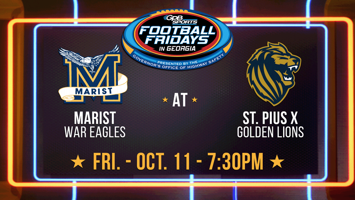 GPB Sports (@gpbsports) on Twitter photo 🚨 Football Fridays in Georgia Game of the Week 🚨
🏈 <a href="/wareagles_fball/">Marist Football</a> vs. <a href="/spxfootball/">St. Pius X Football</a>
🗓️ Friday, October 11th
📍George B. Maloof Stadium
Coverage starts at 7:30 p.m.
Find more information about the matchup ➡️ bit.ly/3XWGBTA | #GPBSports 🚨 Football Fridays in Georgia Game of the Week 🚨
🏈 <a href="/wareagles_fball/">Marist Football</a> vs. <a href="/spxfootball/">St. Pius X Football</a>
🗓️ Friday, October 11th
📍George B. Maloof Stadium
Coverage starts at 7:30 p.m.
Find more information about the matchup ➡️ bit.ly/3XWGBTA | #GPBSports