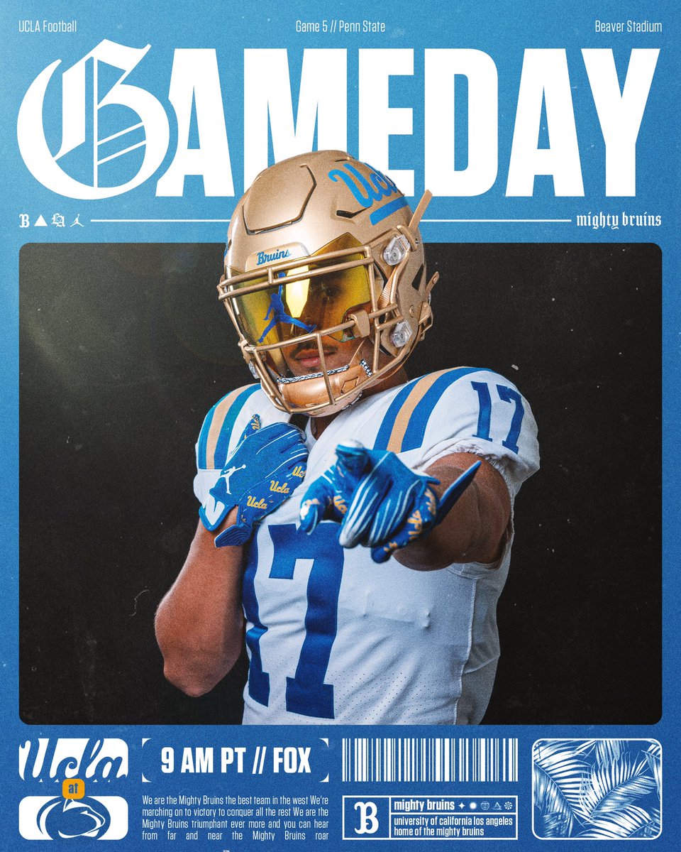UCLA Football (@uclafootball) on Twitter photo ๐๐๐๐๐๐๐ in Happy Valley ๐
๐ Penn State
๐ Beaver Stadium
๐ 9am PT
๐บ <a href="/CFBONFOX/">FOX College Football</a>
๐ป AM 570
#GoBruins ๐๐๐๐๐๐๐ in Happy Valley ๐
๐ Penn State
๐ Beaver Stadium
๐ 9am PT
๐บ <a href="/CFBONFOX/">FOX College Football</a>
๐ป AM 570
#GoBruins