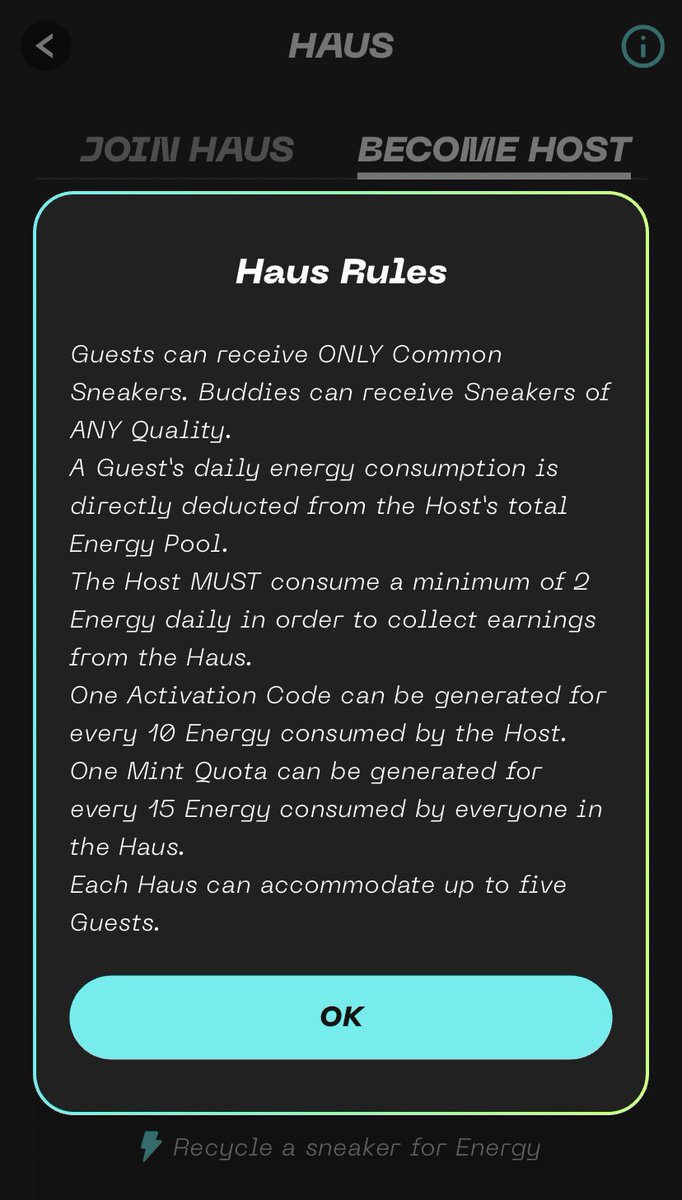 StepnGo的Haus系统是一个有趣的尝试。在里面每消耗10能量你可以获得一个邀请码，邀请码可以：
1. 赠送鞋子给新人入场，需要赠送两双Common的鞋子。 （Buddy）
2. 租给别人跑，可以选两周还是四周，可以选收益的比例。（Guest）