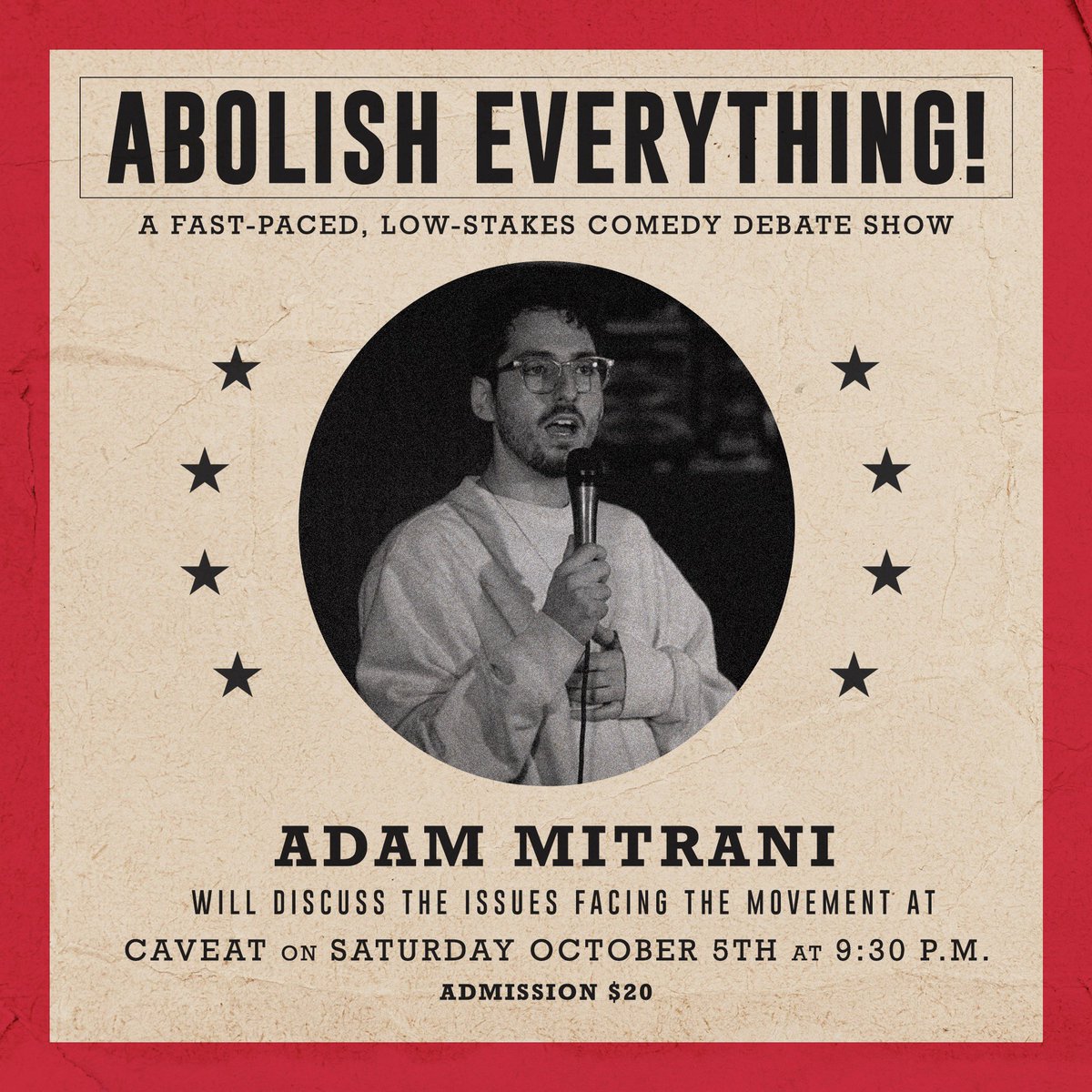 <a href="/caveatnyc/">CAVEAT</a> See the great <a href="/Amitrani717/">Uncle Semitism</a> on the Abolish Everything stage TONIGHT!

Promo code: abolishadam

Tix: caveat.nyc/events/abolish…