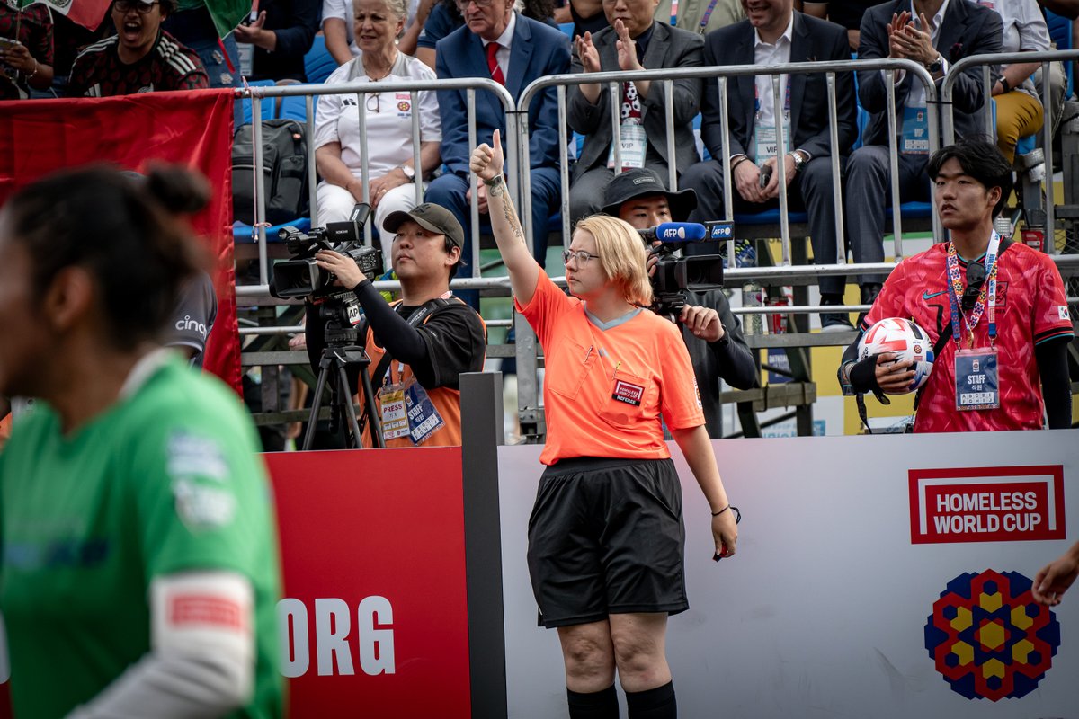 homelesswrldcup's tweet photo. For the second time in Homeless World Cup history, the women's Homeless World Cup final was officiated by a team of women 🙌 

Former player turned referee Sarah Frohwein took charge of the women's final  🇲🇽 🇷🇴

Craig Williams covered the action 🔗 https://t.co/8MGykXXlT6 https://t.co/A8nq8dX1q5