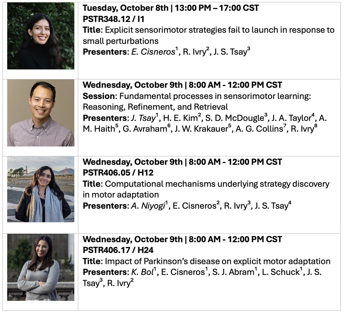 Jonathan Sanching Tsay @tsay.bsky.social (@tsay_jonathan) on Twitter photo Excited to share our lab’s posters at <a href="/SfNtweets/">Society for Neuroscience (SfN)</a>!
Come check them out—covering how explicit strategies handle small motor errors, fundamental sensorimotor processes, computational mechanisms behind motor strategies, and the impact of Parkinson’s disease on motor adaptation. Excited to share our lab’s posters at <a href="/SfNtweets/">Society for Neuroscience (SfN)</a>!
Come check them out—covering how explicit strategies handle small motor errors, fundamental sensorimotor processes, computational mechanisms behind motor strategies, and the impact of Parkinson’s disease on motor adaptation.