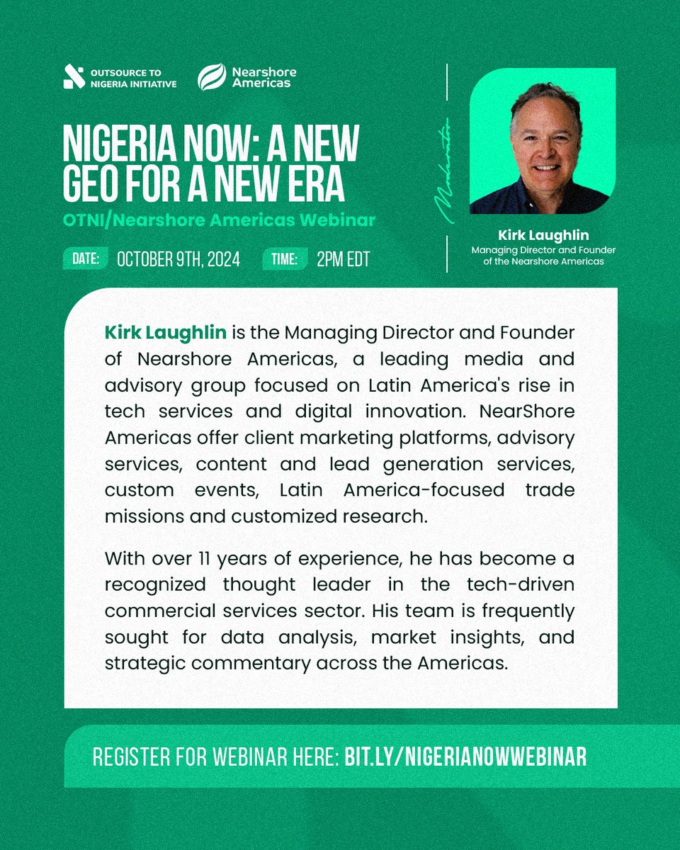 Outsource to Nigeria Initiative (@otni_ng) on Twitter photo Kirk Laughlin - Managing Director & Founder of <a href="/NSAmericas/">Nearshore Americas</a>
With over a decade of expertise in analysing Latin America's rise in the tech space, Kirk offers insights into market trends & investment opportunities
Join us as he shares his perspectives at our webinar!
#NigeriaNow Kirk Laughlin - Managing Director & Founder of <a href="/NSAmericas/">Nearshore Americas</a>
With over a decade of expertise in analysing Latin America's rise in the tech space, Kirk offers insights into market trends & investment opportunities
Join us as he shares his perspectives at our webinar!
#NigeriaNow