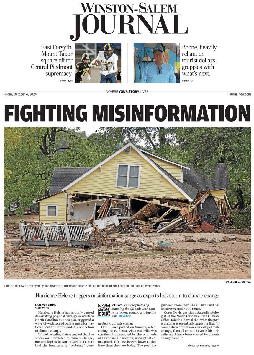 The front page of yesterday’s <a href="/JournalNow/">Winston-Salem Journal</a> — FIGHTING MISINFORMATION, as they recover from a devastating hurricane