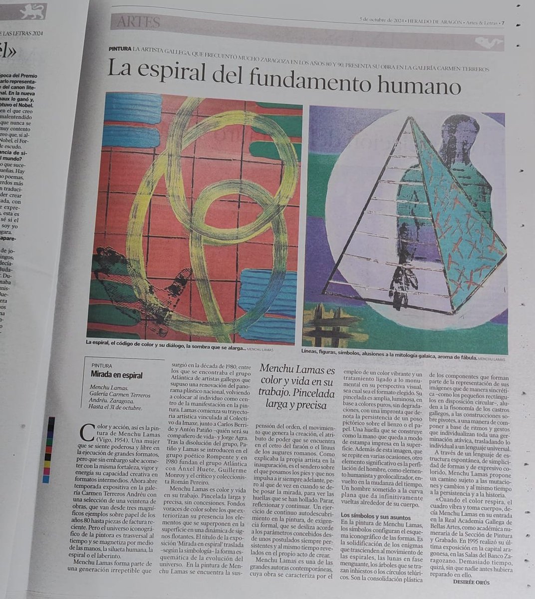 La exposición "Mirada en espiral"permanecerá abierta hasta el 31 de octubre en la Galería Carmen Terreros. Hoy se publicó en 'El Heraldo de Aragón' la aproximación crítica de Desirée Orús. #menchulamas #habitarelcolor #elcoloresunhabitat #coloresnómadas