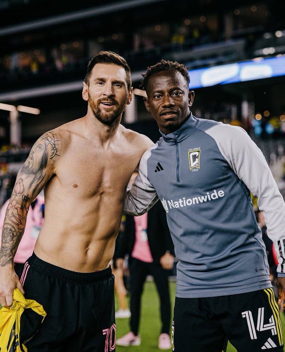 BarcaWorldwide's tweet photo. Columbus Crew player Yaw Yeboah shares his photo with the historical Leo Messi in 2014 and his photo with him now in 2024. https://t.co/aPTgyZHVrw